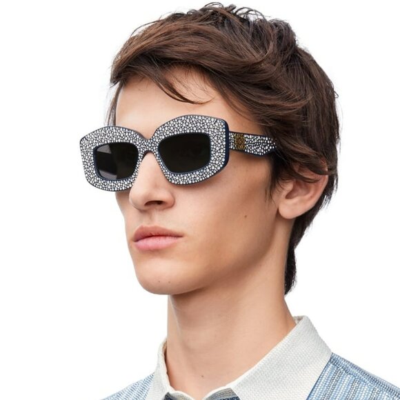 Loewe ANAGRAM Women Sunglasses Crystal Studs Blue Grey Rectangle LW4114IS 90A - Picture 8 of 12